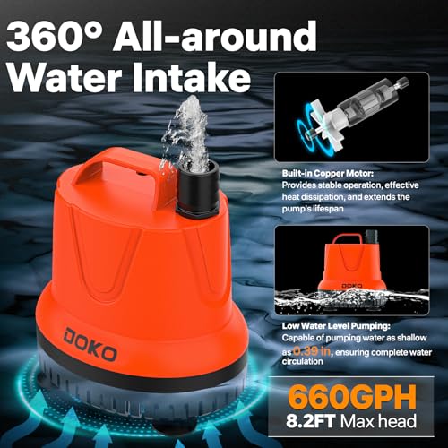 DOKO Small Submersible Water Pump, 660GPH Pond Pump with 6FT Power Cord and Handle, Ultra Quiet Pool Pump with 4 Nozzles and 4 Suction Cups, Drain Pump for Bathtub Pool Fish Tank - size: 40W 660GPH