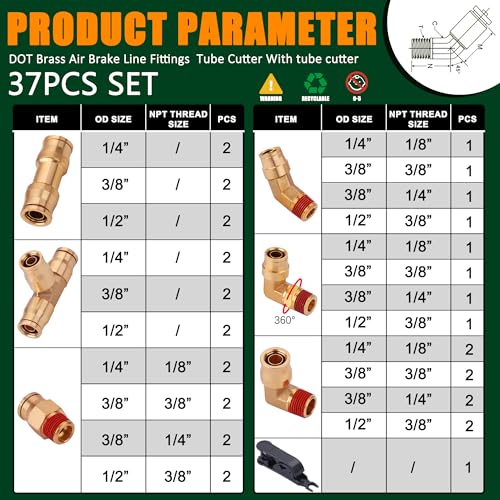 37Pcs Brass DOT Air Brake Line Fittings Assortment Kit 1/4" 3/8" 1/2" Push to Connect Fittings Air System Repair Kit for Truck, Air Brake Union 45 Degree & 90 Degree Male Elbow - color: 37pcs BRASS DOT AIR BRAKE FITTINGS