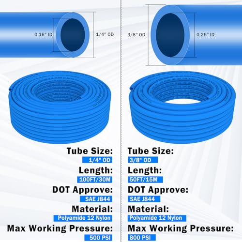 CheeMuii 76 PCS Brass DOT Air Line Fittings with 100FT 1/4" and 50FT 3/8" Blue DOT Air Lines Kit Push Lock Air Line Quick Connect Fittings with Pneumatic Tubing Set - size: 2ROLL-80PCS-BLUE