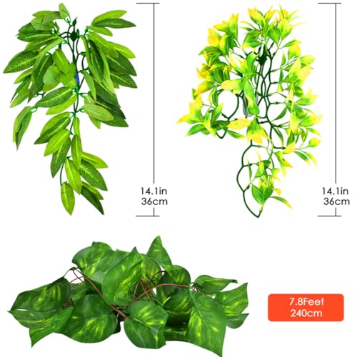 KATUMO Reptile Plants, 3 PCS Amphibian Hanging Plants with Suction Cup for Lizards, Geckos, Bearded Dragons, Snake, Hermit Crab Tank Pets Habitat Decorations - color: Green+yellow