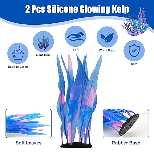 Kaiyuan Dynasty 2pc Silicone Aquarium Plants Artificial Plants for Fish Tank Glowing Kelp Aquarium Plant Decor Fish Tank Plants Simulation Artificial Water Grass,7inch,Blue - color: Blue