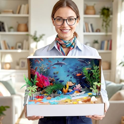 60 Pcs Ocean Diorama Kit Habitat Project Box Set 3D Ocean Diorama Supplies Include Under The Sea Animals Figures Artificial Coral Seagrass with Cardboard for DIY Crafts Gifts - color: Classic