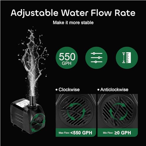 GROWNEER 550GPH Submersible Pump 30W Ultra Quiet Fountain Water Pump, 2000L/H, with 7.2ft High Lift, 3 Nozzles, 4.9 Feet Tubing for Aquarium, Fish Tank, Pond, Hydroponics, Statuary - size: 6.6x5.1in