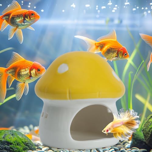 Cute Aquarium Mushroom House Betta Fish Tank Accessory Decor Mini Ceramic Fish Hideout Shrimp Cave Ornament (Yellow)