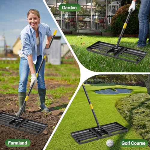 Lawn Leveling Rake, 30 Inch Heavy Duty Lawn Leveler with Adjustable Handle, Yard Soil Grass Dirt Leveling Rake Ground Level Tool (5FT)