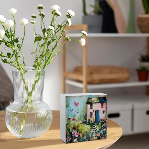 Funny Spring Decor Spring Decorations for Home Table Springtime Cottage Wood Sign Mini Art Floral Landscape Decor Springtime Home Decorative Gifts for Women 5 X 5 Inch - color: Spring 1