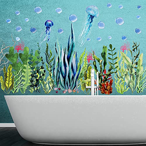 Under The Sea Wall Decals Ocean Stickers Coral Reef Seaweed Jellyfish Removable Wall Decal Undersea Decor Stickers for Bedroom Bathroom Daycare Nursery Home Decoration