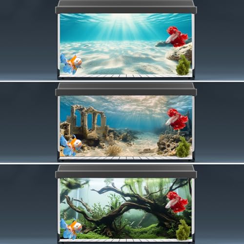COMSUN 3 Pack Aquarium Background, 36x18 inches Polyester Aquarium Background, Cloth Fish Tank Background, Undersea Ruins Floor Sunshines & Tree Wood Branches Aquatic Plants - size: 36x18 Inch