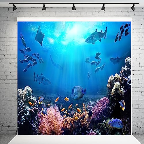 AOFOTO 10x10ft Underwater World Backdrop for Photography Aquarium Seabed Rocks Lights Coral and Fishes Tropical Ocean Scene Under The Sea Background Kids Party Decoration Banner Photobooth Props - size: 10x10ft