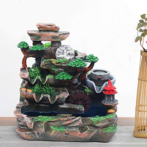 Tabletop Waterfall Fountain with Rockery, Mini Silent Indoor Ornament Desk Calming Water Fountain Desktop Simulation Resin with Atomizer LED Light for Office Bedroom Home Table Decor Multi-Layer - color: Style 3