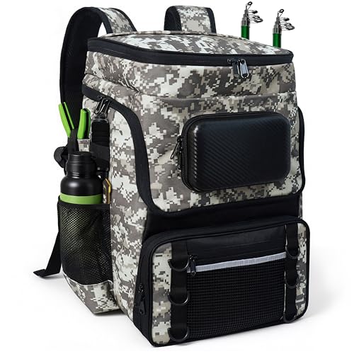 Fishing Backpack with Rod Holder, Large 50L Tackle Bag Water Resistant Tackle Backpack Heavy Duty Fishing Bag Gift for Men Woman - color: D: Yellow Camo