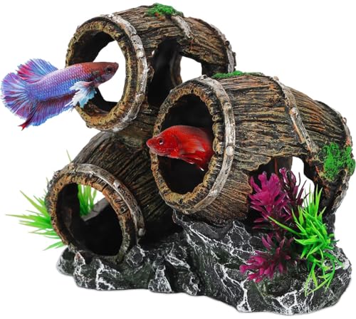 UNEAK - Aquarium Decorations Three Stacked Broken Barrels Fish Tank Decoration Ornament Landscaping Over Rocks Cave Saltwater Freshwater Small & Medium Fish Garden Pond Ornaments Resin - color: Barrel