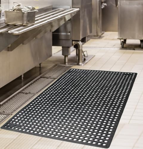 Rhino Mats, K-Series Comfort Tract Anti-Fatigue Drain-Thru Beveled Floor Mat, Drainage Non-Slip Grease-Resistance for Kitchen, Restaurant, Pool, Gym, Bar or Patio (Black, 3' x 5' x 1/2") - size: 3' x 5' x 0.5" Black