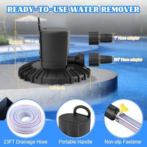 Pool Cover Pump, 3000L/H Automatic On Off Swimming Pool Cover Pump with 2 Garden Hose Adapters, 23ft Drainage Hose, and 49ft Power Cord, Submersible Water Pump for Pool, Tubs, and Water Beds