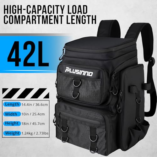 PLUSINNO Fishing Tackle Backpack with Rod Holders，42L Water-resistant Fishing Bag Store Fishing Gear,Fishing Gifts For Men. - color: Black With Box
