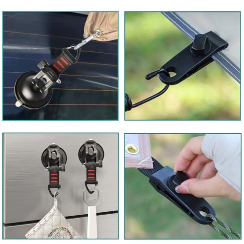 4 Pcs Heavy Duty Suction Cups Anchor with Security Hooks - Outdoor Strong Suction Cups with 4 Pcs Tarp Clips Multipurpose Car Camping Accessories Suction Cup for Car Awning Boat Camping Trap Tie Down