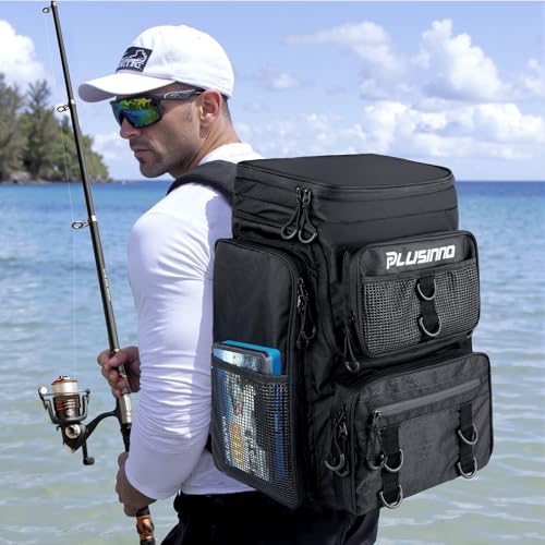PLUSINNO Fishing Tackle Backpack with Rod Holders，42L Water-resistant Fishing Bag Store Fishing Gear,Fishing Gifts For Men. - color: Black