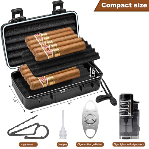 Flauno Travel Cigar Humidor Case - Portable Humidor Kit with Lighter (Without Gas), Cutter, Holder, Humidifier & Dropper, Waterproof, Crushproof, Airtight Seal (Holds up to 10 Cigars) - size: Holds up to 10 Cigars with Cigar Lighter