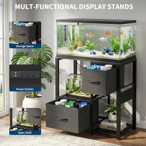 20-37 Gallon Aquarium Stand with Power Outlets & 2 Storage Drawers, Heavy Duty Metal Fish Tank Stand for Fish Tank Accessories, 3 Tier Tank Stand Fish Tank Shelf, 400lbs Capacity, Black
