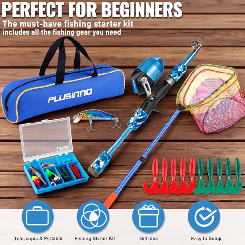 PLUSINNO Kids Fishing Pole with Spincast Reel Telescopic Fishing Rod Combo Full Kits for Boys, Girls, and Adults - color: Blue (with Fishing Net), size: 4FT / 1.2M