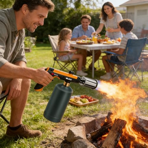 Powerful Propane Torch Gun, Kitchen Torch With Adjustable Flame, Flamethrower Blow Torch for BBQ, Campfire, Searing Steak, Camping (Propane Tank Not Included) -Orange - color: Orange