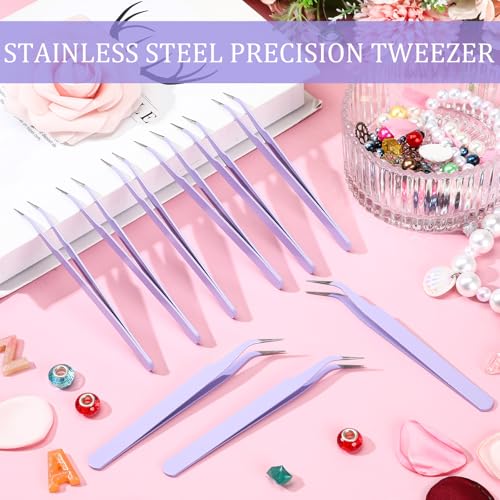 Honoson 9 Pieces Curved Pointed Craft Tweezers Stainless Steel Precision Tweezer with Protective Cover for Rhinestones Dried Flowers Craft Stickers Eyelash Extension Jewelry Making(Purple) - color: Purple