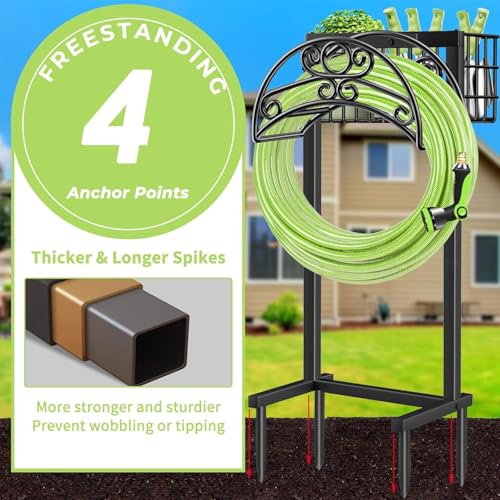 TomCare Garden Hose Holder Upgraded Water Hose Holder Heavy Duty 4 Spikes Hose Hanger Holds 160 Feet Hoses Stable Freestanding Hose Storage Organizer for Outside Yard - color: All Black