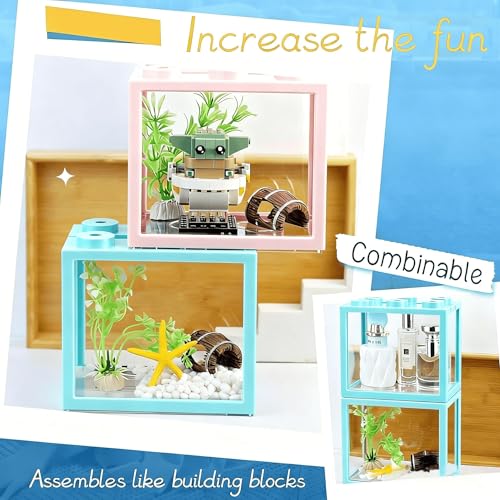 Small Betta Fish Tank, Stackable Mini Fish Tank Tiny Aquarium Kit with Aquarium Gravel & Resin Decorations, 0.6 Gallon Cube Desktop Fishbowl for Snails, Crabs, Starfish (Light Blue) - color: Light blue