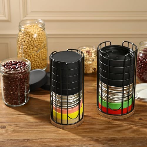 Mason Jar Lid Organizer, 2-Pack Mason Jar Lid Holder with Wood Base & Metal Frame, Mason Jar Lid Storage Accessories for Kitchen Countertop or Cabinet, Fit Mason/Canning/Bamboo Lids