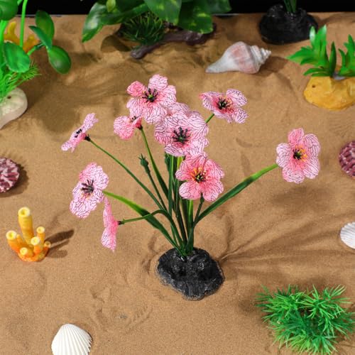 Kisangel 2pcs Small Realistic Fish Tank Plant Aquarium Supply Artificial Plastic Plants Compact Decor for Desktop Aquarium Accessories Black Base Violet Pink