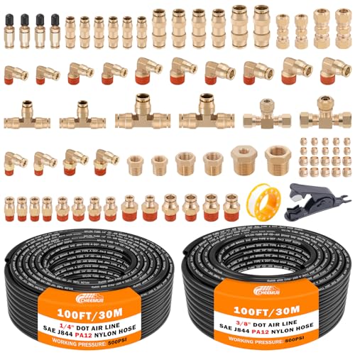 CheeMuii 80 PCS Brass DOT Air Line Fittings with 100FT 1/4" and 100FT 3/8" DOT Air Line Kit Push Lock Air Fitting Quick Connect & NPT Thread Fittings with Pneumatic Tubing - size: 2ROLL-84PCS