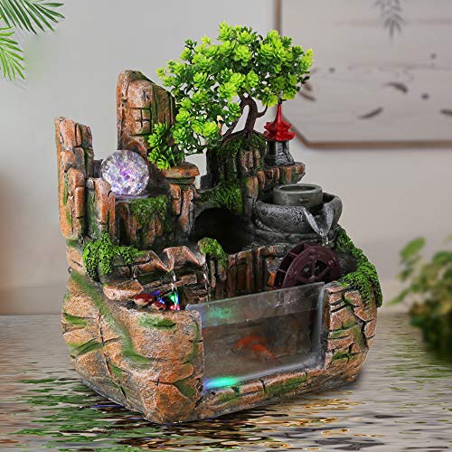 DNYSYSJ Tabletop Waterfall Fountain with Rockery, Mini Silent Indoor Ornament Desk Water Fountain Desktop Simulation Resin with Atomizer LED Small Fish Tank for Office Bedroom Home Decor Windmill