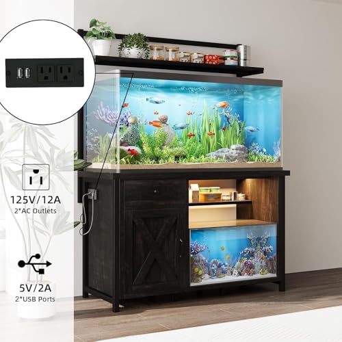 55-75 Gallon Fish Tank Stand with Power Outlet, Led Light, Heavy Duty Aquarium Stand with Cabinet for Fish Tank Accessories Storage, Shelf, for Turtle Tank, Reptile Terrarium, 1100 LBS (Oak) - color: Oak