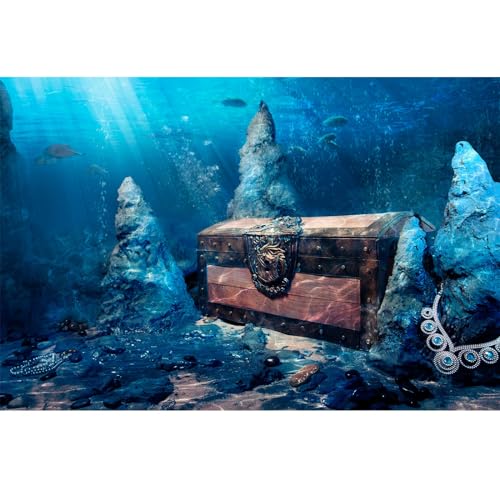 Aquarium Background Underwater Aquarium Backdrop Treasure Chest with Bright Gold Treasure Box Adventurous Water Wealth Pirate Fish Tank Background Decor Vinyl 24x12in - color: Ice Blue, size: 24(W)x12(H)inches/ 60(W)*30cm(H)