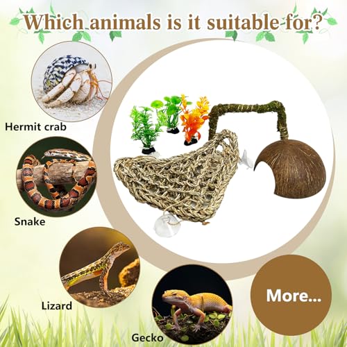 6 PCS Hermit Crab Accessories Small Bendable Moss Hermit Crab Climbing Toys Coconut Shell Hut Climbing Hammock with Suction Cup Plastic Plants for Reptile Amphibian - size: 4.72in