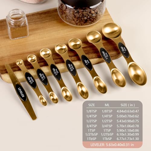 ChefAide Pack of 8 Stainless Steel Magnetic Measuring Spoons Set, Dual Sided, Stackable, Adjustable Teaspoon and Tablespoon Measure Spoon with Leveler, Kitchen Gadgets - color: Gold, size: Magnetic Measuring Spoons