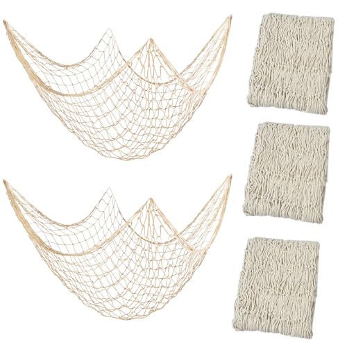 3 Pack Fish Net Decorations for Party, 80x40 Inch Natural Cotton Fishing Net Decor for Under The Sea Hawaiian Beach Party, Thick Nautical Netting for Wall Table Ceiling Decoration - color: Beige-3 Pcs