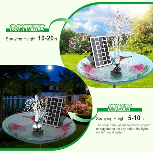 Jutai Solar Fountain Kit White Lights,3.5W Glass Solar Water Pump with 2000mAH Battery, Solar Bird Bath Fountain with Sucker and Stake for Garden, Outdoor, Water Feature-16.4ft Power Cord,7 Nozzles - color: White Led