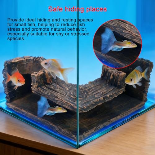 HUIKANGSHENG Aquarium Cave, Natural-Looking Wood-Like BPA-Free Corner Fish Tank Hideout, 5.1" x 2" x 2.7" Decor for Guppies, Neon Tetra, Corydoras Catfish and Betta
