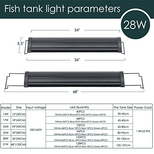 AQQA Aquarium Light,Full Spectrum LED Fish Tank Lights,12"-54" Adjustable Multi-Color White Blue Red Green LEDs with Extendable Brackets,14W-31W for Freshwater Plants (28W (36"-48")) - size: 28W (36"-48")