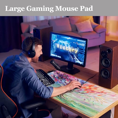 Desk Pad Oil Painting Tree, Desk Matt for Desktop, Seasons Tree of Life Gaming Mouse pad Extend XXL Large Anti-Slip Stitched Edges Waterproof Computer Laptop Keyboard Mat for Game, Home, Work, Office - color: Oil Painting Tree, size: 31.5" x 15.7"
