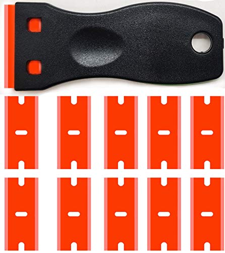 Double Edged Plastic Razor Blade Scrapers Knife with Contoured Grip for Scraping Labels and Decals Sticker From Glass, Windshields and Auto Window Tint Vinyl Tool Application(Black Scraper+10 Blades) - color: Black Scraper+10 Blades