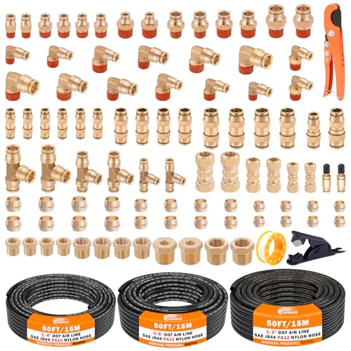 CheeMuii 100 PCS Brass DOT Air Line Fittings with 3 Roll 50FT 1/4" 3/8" 1/2" DOT Air Lines Kit Push Lock Air Fitting Quick Connect Air Fittings with Air Hose Pneumatic Tubing - size: 50FT-3ROLL-100PCS