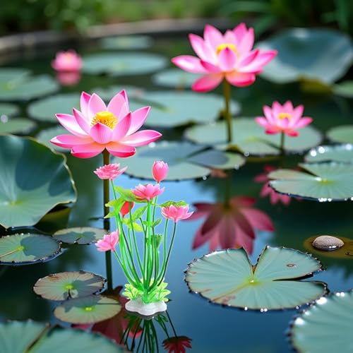GANPUB 2Pcs Artificial Water Plants, Aquatics Grass Flower Simulation Plastic Artificial Lotus Fish Tank Ornament Aquarium Décor