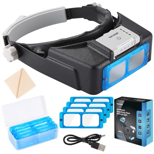 YOCTOSUN Magnifying Glasses with Light for Close Work, Rechargeable Headband Magnifier with 4 Lenses 1.5X-3.5X, Hands Free Magnifying Glass Visor for Jewelers, Crafts, Hobby - color: Grey and Black