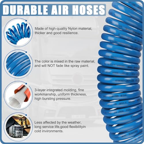 Air Brake Line Hose Coil Assembly Coiled Set 15 FT Air Lines Red Blue Hoses for Semi Truck Tractor Trailer,1/2" NPT DOT Fittings (15' Length x 12" Tractor Lead)