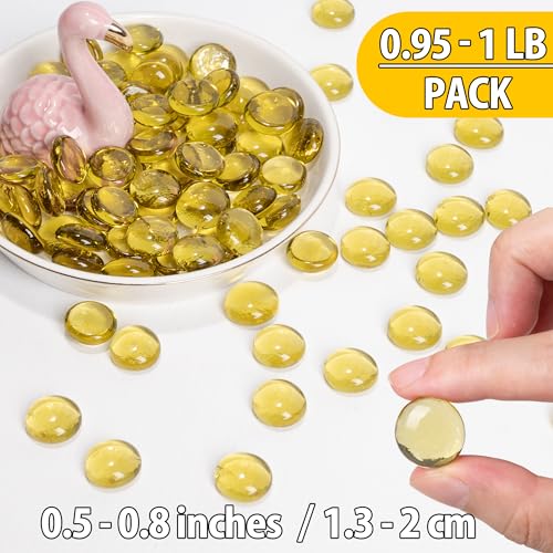 Glass Marbles, 0.97 LB Transparent and Smooth Flat Glass Beads for Vases, Mosaic Gem Pebbles for Aquarium Decor, Floral Arrangements, Mancala Stones, Vase Filler and Crafts, Yellow - color: Yellow