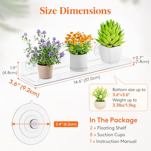 Lifewit Window Plant Floating Shelves 14.6x3.6, 2 Pack Acrylic Suction Cup Shelf, Window Sill Extender for Indoor Succulent Plants, Micro Greens, Seed Starter Pots, Herb Planters 37 x 9 cm/14.6x3.6