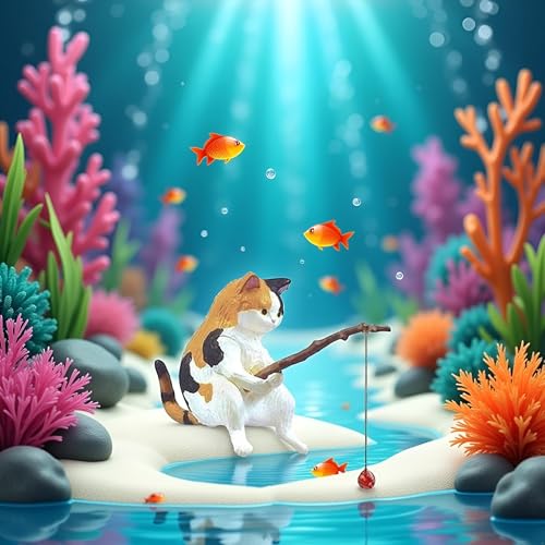 Fish Landscaping Fishing Cat Ornaments Mini Resin Figurine Cartoon Cat Statue for Home Office Fishing Aquarium Decor Cat Figurine Aquarium Decoration