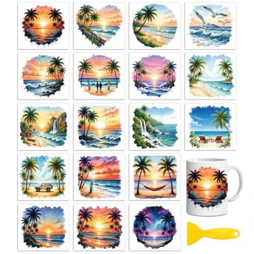 Peacoblue 18 Sheets Rub on Transfers for Crafts, Seaside Summer Scenery 3.6"x3.9" UV DTF Cup Wraps Waterproof Cold Transfers Stickers for Wood Glass Metal Cup Tumblers Mirrors Mugs Home Decor - style: Seaside Summer Scenery